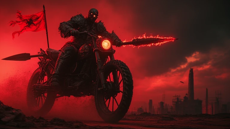 Horror. A brutal raider in an iron hockey mask. He rides a big creepy motorcycle through the slums of a ruined city illuminated by a scarlet light. The creepy Motorcycle is decorated with iron spikes and contains blood-red elements. He has a long, sharp kn...