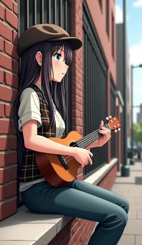 A Japanese woman looking out at the audience, blue eyes with long dark brown hair wearing a flat cap, a short white shirt with rolled-up sleeves, and a plaid vest sits on a ledge next to a brick wall, playing a ukulele. The urban backdrop with its red bric...