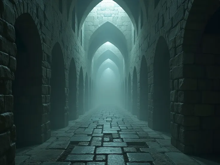 I need a labyrinth that is several interconnected corridors made of mirrors and this labyrinth is inside a medieval castle and there are no people, just mirrors and a sinister fog in the corridors, I need the mirrors to appear