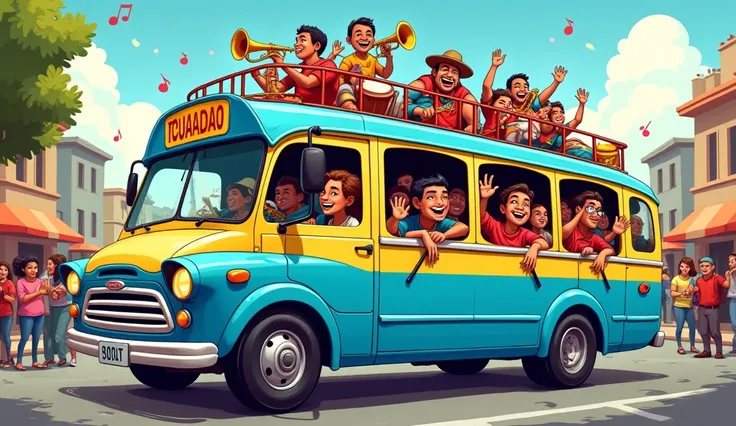 "A colorful cartoon-style illustration of a traditional Ecuadorian chiva party bus. The bus is vibrant and decorated with bright blue, yellow, and red colors, featuring festive details. On top of the bus, a joyful musical band plays instruments such as tru...