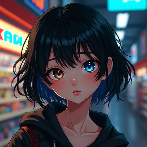  black hair, commodity, teenager,  heterochromia, a blue eye, A brown eye.