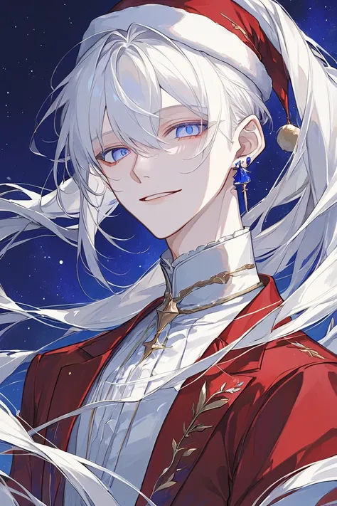 (Masterpiece, high resolution, best quality), albino, bangs, bangs,  bangs, androgynous male, feminile male, bangs, happy, soft smile, look at you, bishonen, bangs, long hair, beautiful blue eyes, solo, 1 male, 20-years old man, handsome, elegant, beautifu...