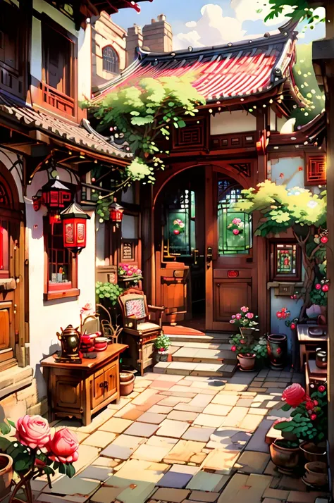 Open Chinese-style carved wooden door with stained glass Windows,a round coffee table,a teapot,several cups,very fine China,hot,outside the courtyard full of flowers,(Climbing Roses from the eaves:1.4),hanging on both sides of the door,afternoon sunshine,s...