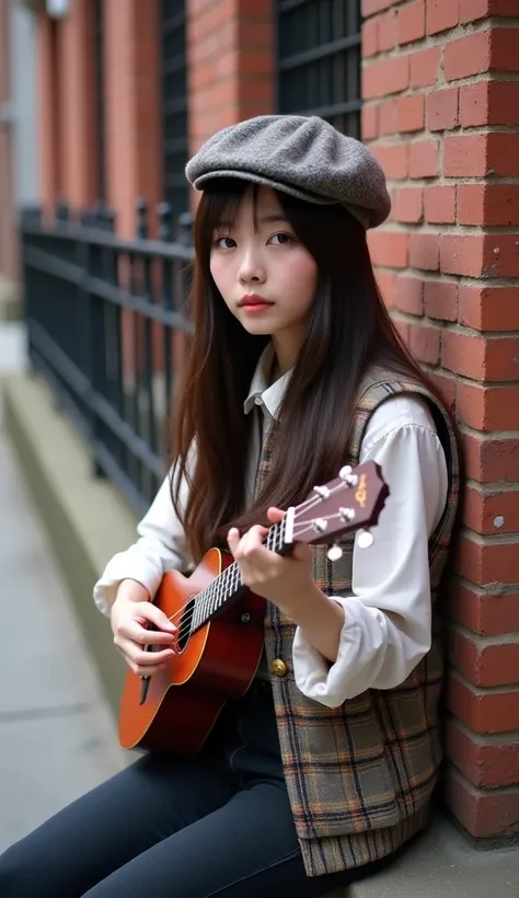 A Japanese woman looking at the camera, with long dark brown hair wearing a flat cap, a short white shirt with rolled-up sleeves, and a plaid vest sits on a ledge next to a brick wall, playing a ukulele. The urban backdrop with its red brick buildings and ...