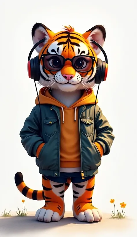 Perfect centering, A cute tiger everywhere, Wear a student jacket,  using sunglasses ,  Usando fones de ouvido , standing position, abstract beauty, centered,  looking at the camera ,  facing the camera ,   getting closer to perfection, dynamic, Outside,  ...