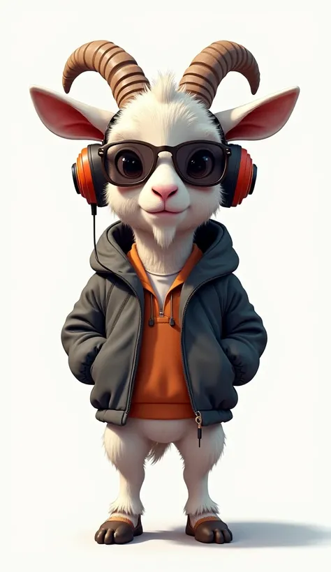 Perfect centering, A cute goat everywhere, Wear a student jacket,  using sunglasses ,  Usando fones de ouvido , standing position, abstract beauty, centered,  looking at the camera ,  facing the camera ,   getting closer to perfection, dynamic, Outside,   ...