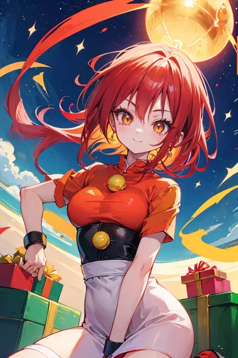 dragon ball, cute saiyan girl, little young, crimson hair, yellow eyes, , smile, electricity, aura, energy, focus on face, christmas outfit