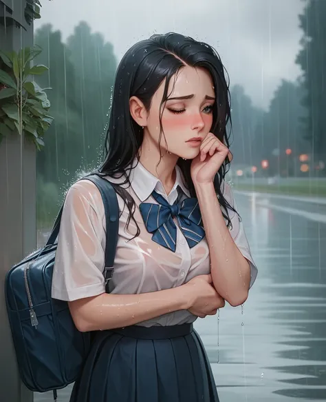 1girl, long black hair,schoolgirl uniform, shy, blush, wet, rain, transparent, (masterpiece, best quality), soft light, cinematic composition, cinematic light