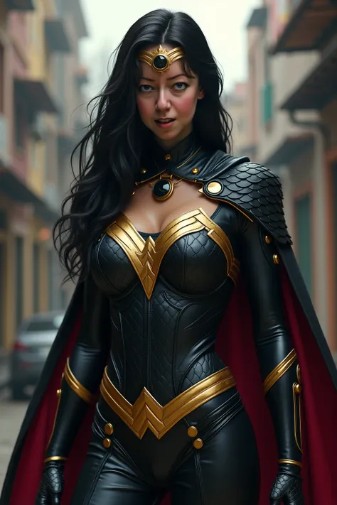 (((A beautiful woman under the cloak of Big Barda has long hair (((with a diaema in golden circles joined together on his forehead)))light colored eyes her superheroine costume is samurai themed. His suit usually has a (((Black leather jumpsuit with scales...