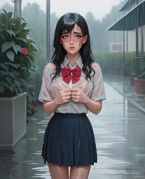 1girl, long black hair,schoolgirl uniform, shy, blush, wet, rain, transparent, (masterpiece, best quality), soft light, cinematic composition, cinematic light