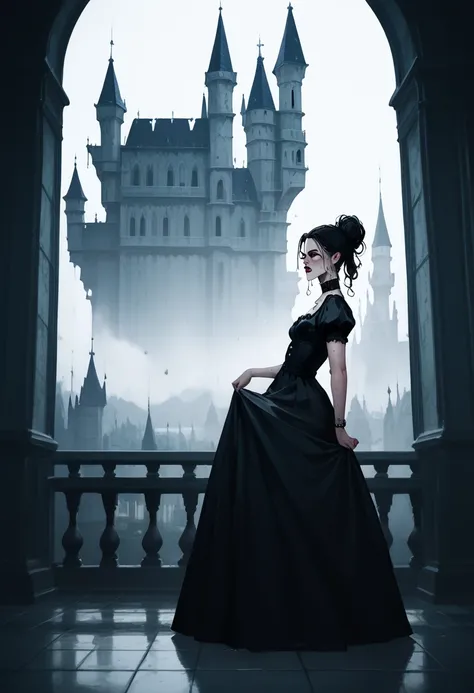 Max caufield, one girl, industrial castle background, stringy black hair, sweaty, pale skin, sickly, wearing a vampire dress, ugly woman,  ((skinny girl)), (fat belly)), offended emotions,g4n1m3 , from the side, ((covered belly))