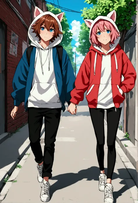 Tomboy girl and femboy boy walking together on the street, hood friends, femboy, tomboy, young friends.