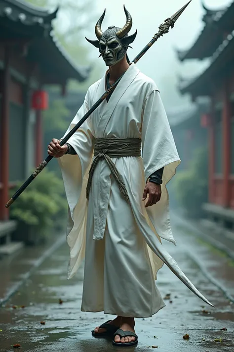 Villain with white kimono and Japanese demon mask and ninja slippers and an oriental spear in his hands 