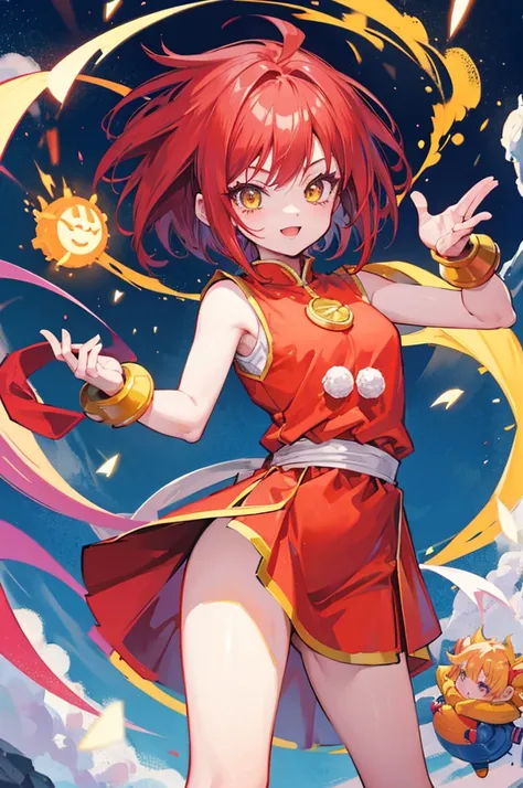 dragon ball, cute saiyan girl, little young, crimson hair, yellow eyes, , smile, electricity, aura, energy, focus on face, red christmas outfit