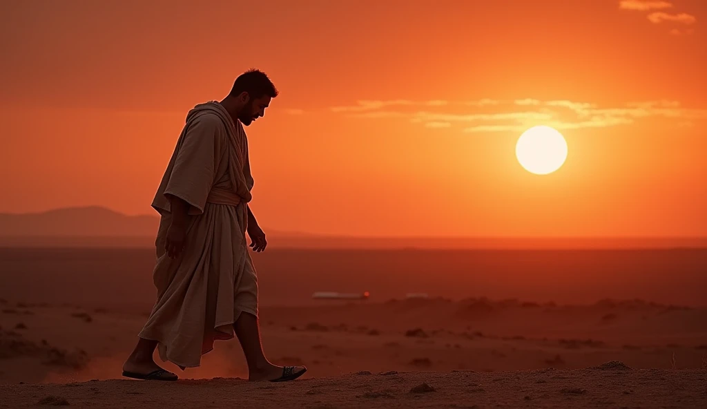 A male figure with hunched shoulders walking across barren terrain. He wears a simple robe and has a haggard expression. The setting sun creates long shadows, and the sky is shades of red and orange, reflecting guilt and loneliness. Realistic photo, —ar 16...