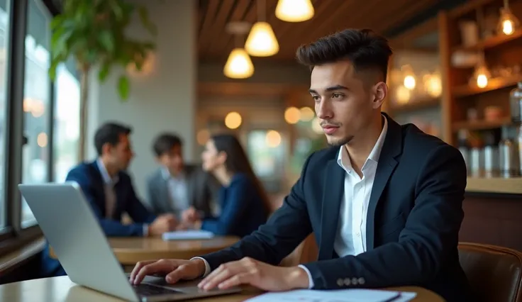  A successful young entrepreneur , dressed in elegant clothes ,  sitting at a sophisticated café ,  analyzing investment charts on their laptop . In the background,  there are people talking about business , symbolizing the beginning of a financial journey...