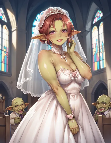 score_9, score_8_up, score_7_up, (((1 girl))), wedding_dress, green goblin girl, indoors, church, happy face, perfect beautiful face, standing