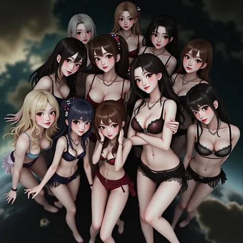 Real Live-Action, (XLabs F.1 Realism LoRA V1), 8K HDR Group photo, many Idol group girls Surrounding the camera in Upward composition, Panoramic, Filled with many Faces, Looking down at the camera, Face closeup from below, LifeLike rendering, Super-Detaile...