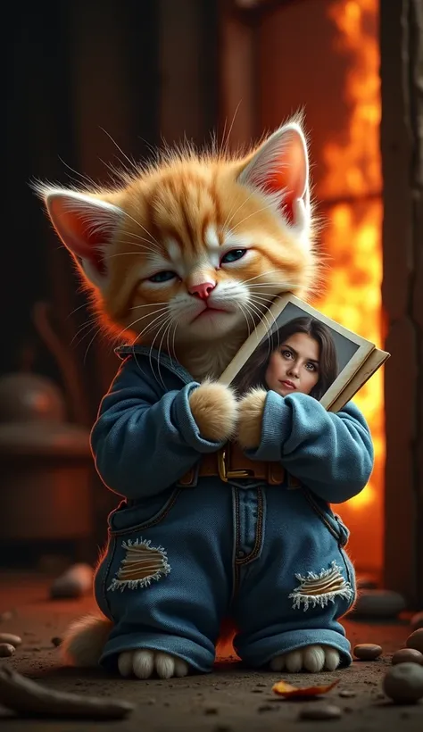  A kitten in loose, torn denim pants . with a sad and moody expression hugged a small photograph of a young woman.behind her there was a huge blaze .