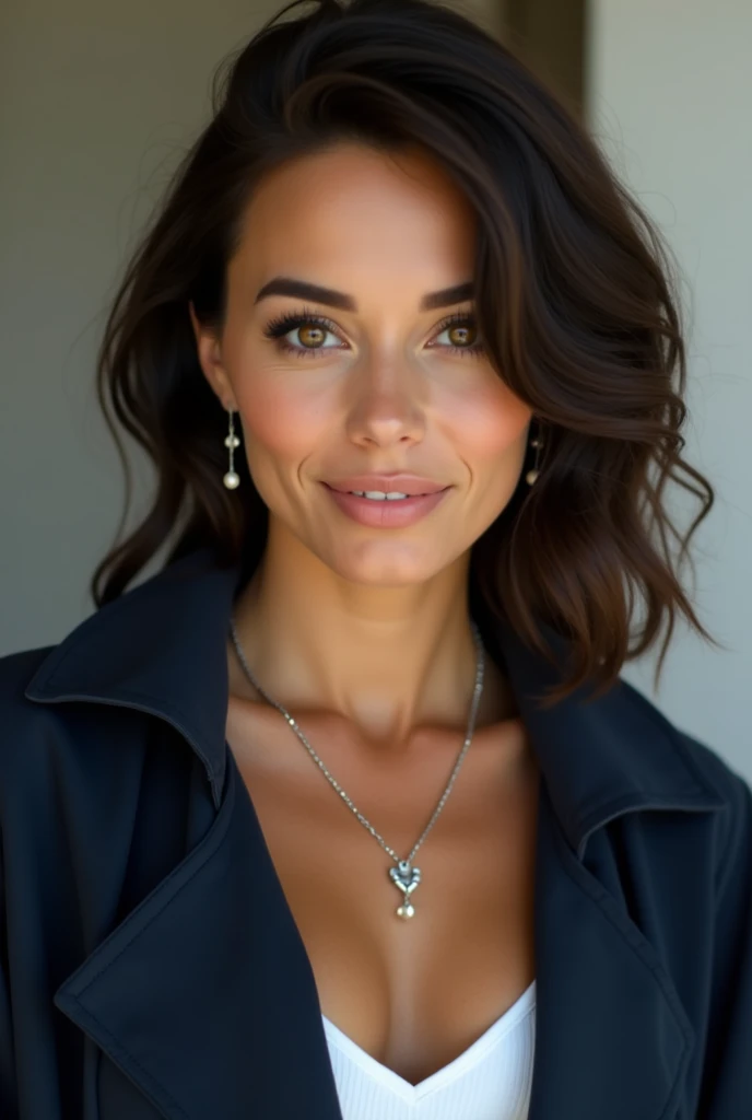 female,dark brown hair, hazel eyes and tan skin complexion. She wears a navy jacket and a white shirt underneath, combined with a silver necklace and earrings.