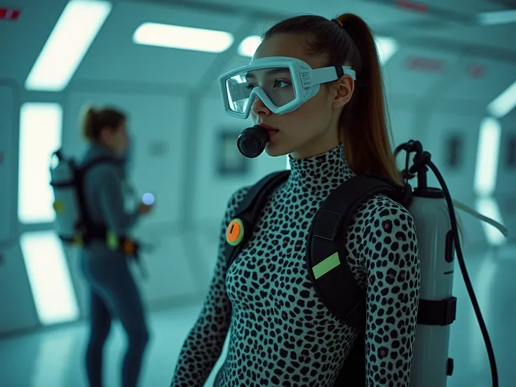  18 years old younger girl who cant breathe wearing scuba gear, and  skin tight smoothskin lycra suit in leopard color , unzip it and practice an out of air  situation with her friend in room without oxygen in space station 