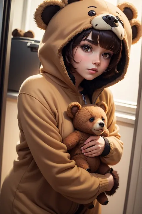 Girl, bear, wearing a bear costume, short hair 