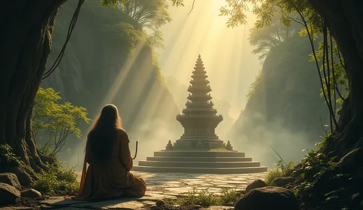 "A mystical Shivalinga placed at the center of an ancient forest temple atop a serene mountain. The temple is partially overgrown with vines and surrounded by dense trees. Rays of golden sunlight filter through the misty atmosphere, illuminating the Shival...