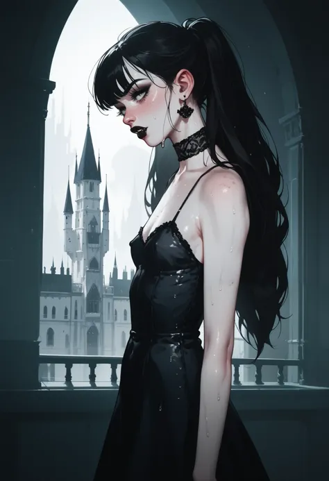 Max caufield, one girl, industrial castle background, stringy black hair, sweaty, pale skin, sickly, wearing a vampire dress, ugly woman, ((skinny girl)), (fat belly)), offended emotions,g4n1m3 , from the side, ((covered belly))