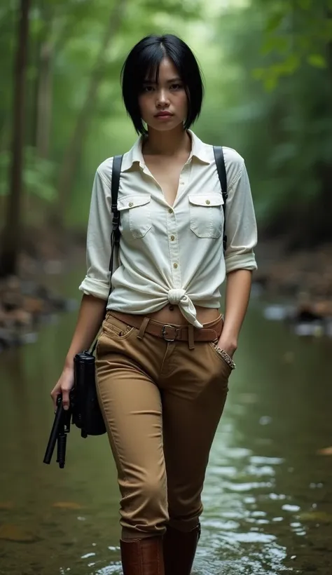 An attractive beautiful thai woman ,black side parting short  hair, take off white linen unbuttoned fitting shirt, tied in a knot instead of a hem andtight tanpants, brown high-top boots, outdoor gear for down in a stream, a C-cup face, and a distinct face...