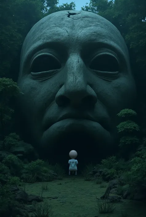 
پرامپت: A surrealistic scene of a cracked giant stone face resembling a human, with detailed texture and moss, embedded in a dark and mysterious forest. Inside the hollow of the broken face, a small bald figure sits quietly, wearing a school uniform. A bo...