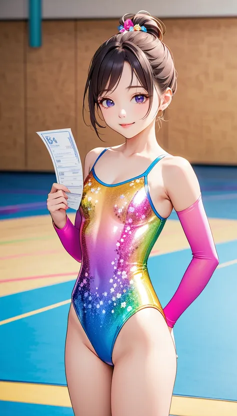 expensivequality illustration,   masterpiece on penis ,  Very Delicate and Beautiful ,  attractive girl holding a bill,(Gymnastics leotard, Floral print leotard, long sleeve leotard with sparkly embellishments,expensive_leg leotard, Athletic Leotard, the p...