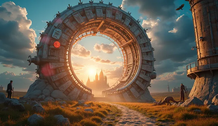 " A complex and futuristic time machine , full of gears and flickering lights ,  is at the center of a vibrant scene . Around you,  space seems to warp and fragment ,  showing superimposed images from different eras :  a modern city with skyscrapers ,  a m...