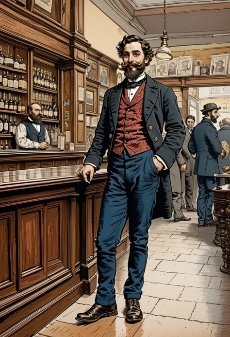 Full-length view of a young Italian catholic Pastor of 1880, standing in the pub with a friendly smile, coloured drawing in the style of the illustrations in the magazine Punch from 1871, in the style of Charles Dana Gibson