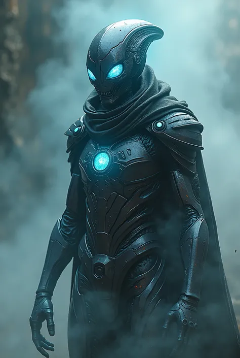 breathtaking cinematic science fiction photo of a portrait of a non human masked Grim dressed as a space alien knight in alien metalskin, body full glowing metrics inside, glowing multicoloured eyes, multifaceted eyes, metallic arms, in a landscapefull of ...