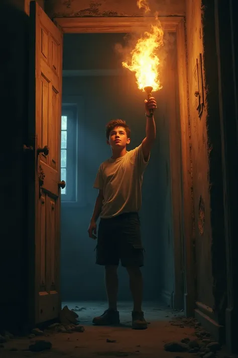 A 20-year-old boy lights a torch in a dark house