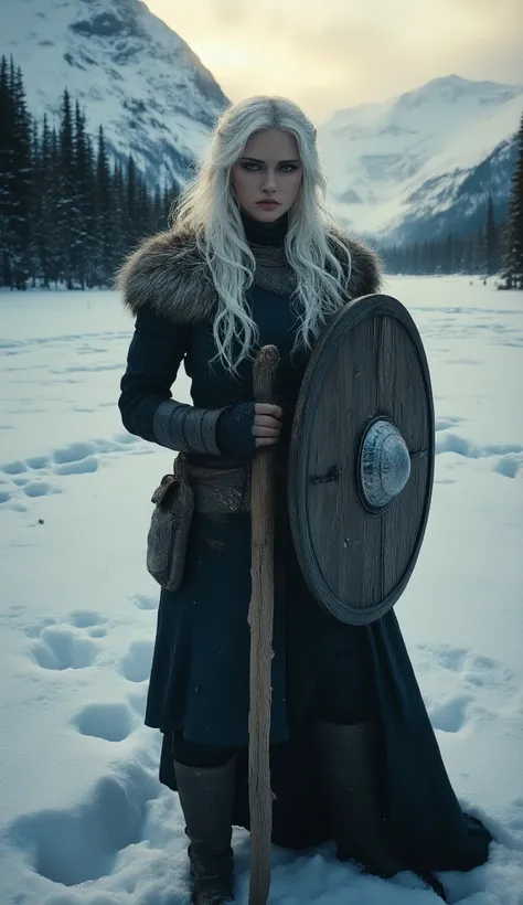 fantasy, nordic mythology, full body shot, panoramic view, strong female character from ix century, viking, descendant of the gods, stand proudly in very deep snow to the knee, clearly visible footprints in the deep and pristine snow to the place where she...