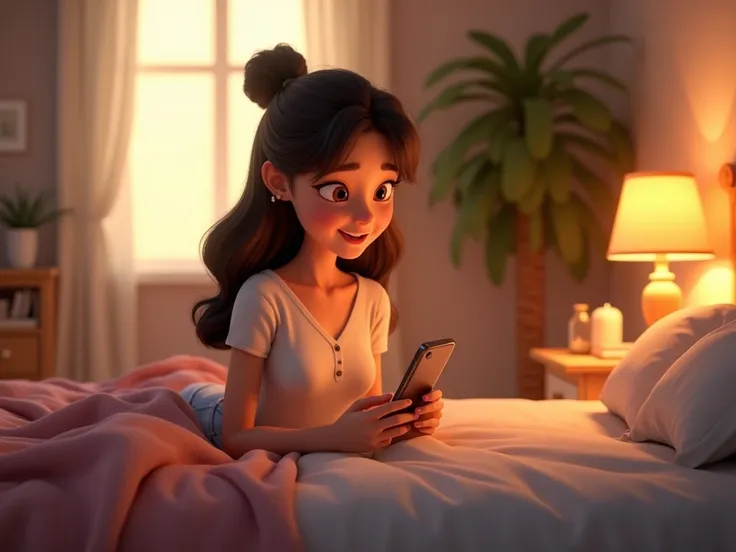 scenario:  A cozy bedroom with soft light coming through the window. clara,  a young woman animated in 3D Pixar style , shes sitting on her bed,  looking at the cell phone with a big smile ,  while responding to the message from Ana . next to her,  there i...