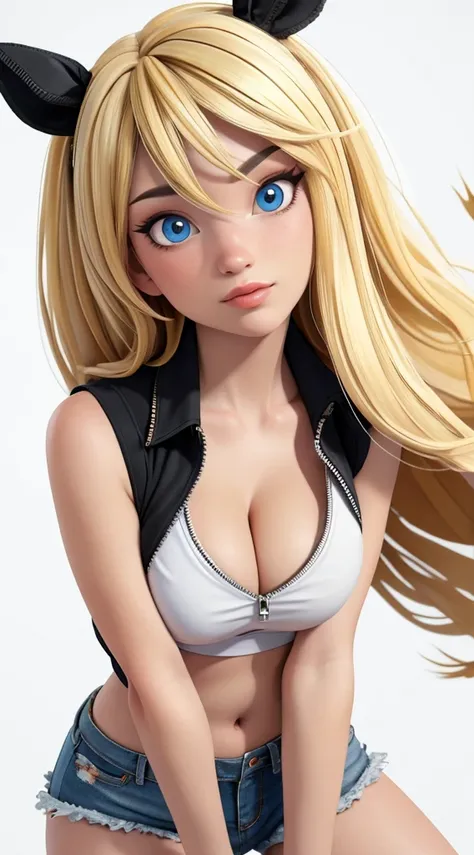 as cartoon character, sfw, dressed, blonde, black crop top, curvy, upper body, intricate, sharp focus, soft lighting, vibrant colors, masterpiece, (frontal), detailed eyes, advertising studio lights, frontal led light ring, smooth shadows, bokeh background...