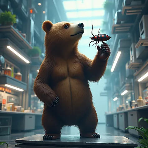 I want a realistic illustration of a bear holding a beetle and a futuristic laboratory in the background I want a real live action visual style and put the bear on a platform 