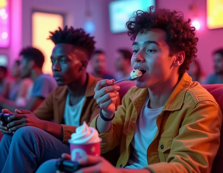 Young Caucasian male sitting on couch playing video games biting a spoon with his mouth, with a can of ice cream on his lap, with an African American friend next to him and several people in the background. Vibrant colors. Colorful 4K