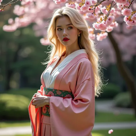 FOR instagram, Woman, asian, longhair, blonde, curvy skinny, bigboobs, green eyes, redlips makeup, huge ass, longblouse white neckline, blouse neckline  neckline, huge tits, A sophisticated young woman in a traditional Japanese kimono with modern touches, ...