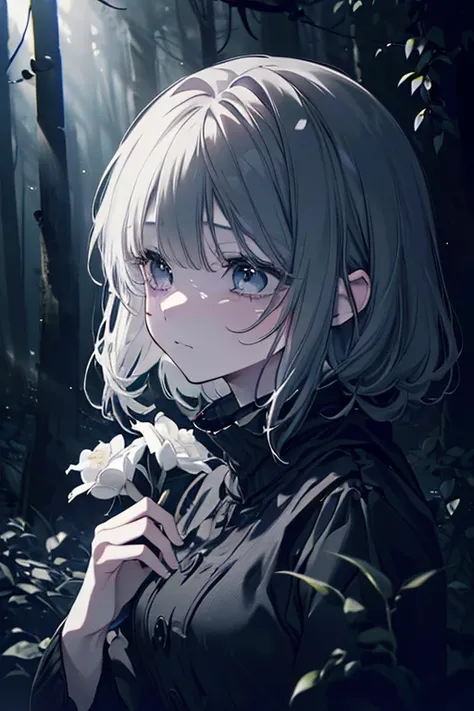 a girl in a dark forest, sorrowful expression, tears in her eyes, holding a wilting flower, dramatic lighting, moody tones, muted colors, (best quality,4k,8k,highres,masterpiece:1.2),ultra-detailed,(realistic,photorealistic,photo-realistic:1.37),cinematic,...