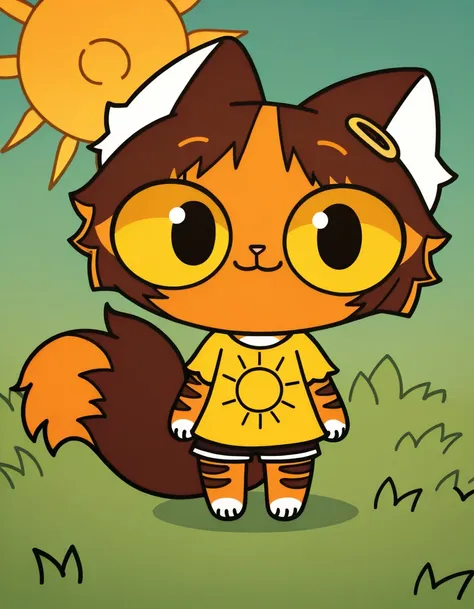 (solo), grass, yellow shirt with image of sun, earrings, chibi, brown hair, yellow sclera, domestic cat masterpiece, best quality, detailed portrait of tigra, ((orange and brown body)), ((striped body)), cartoon, smile, ((tail)),wide hips,medium tits, 4toe...