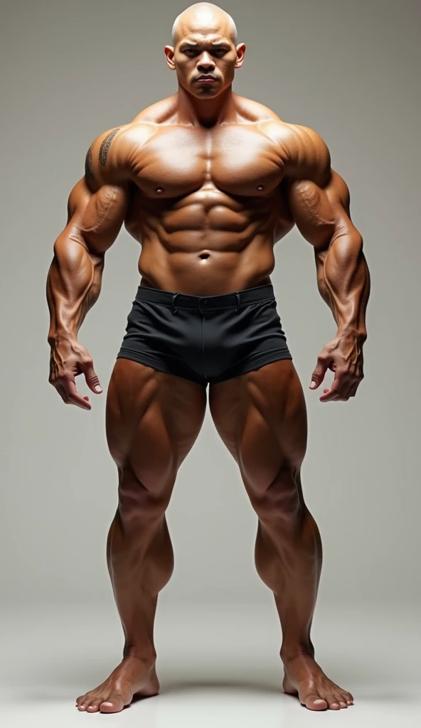 Create a strong white male bodybuilder with shaved hair and Asian features that is 2 meters and realistic 