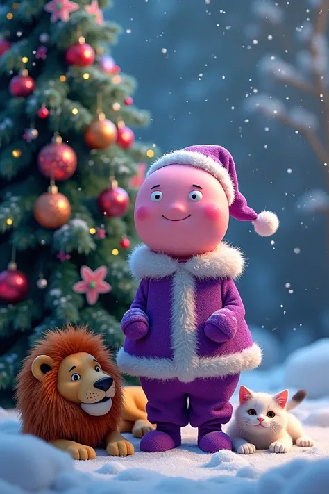 Patrick en costume de père noël violet devant un arbre de Noël décoré accompagner dun lion et dun chaton allonger dans la neige