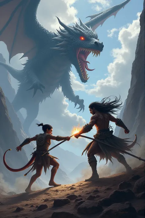 Fantasy battlefield, dragons, himeras in the sky, two men fighting, first man is tail, lightweight, second man is tail, dark, longhair