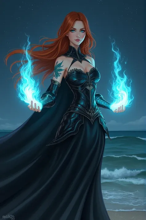  As realistic as possible  ,A heroine in her early 20s  ,  in black armor with a black cape and a standing collar ,  with ginger long hair  ,She wears them open  .  she has turquoise eyes  ,  Her dress is strapless  ,  because she has a flying phoenix tatt...