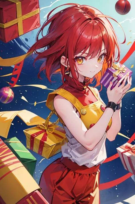 dragon ball, cute saiyan girl, little young, crimson hair, yellow eyes, , smile, electricity, aura, energy, focus on face, red christmas outfit, gifts