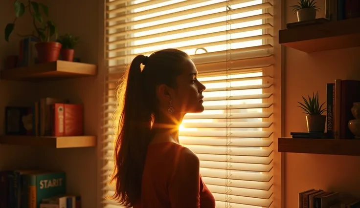 "A woman stands near a window fitted with Venetian blinds. Sunlight filters through the tilted slats, creating a captivating play of light with stripes of illumination and shadow across her face and the surrounding walls. The shelves near the window are fi...