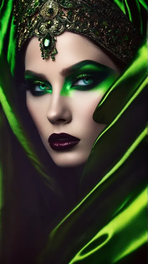 A young woman of intense and enigmatic beauty dominates the image. Her vibrant green eyes, enhanced by dramatic and colorful makeup, are the focal point. Her pale skin contrasts with her green lips and dark hair, while the dramatic lighting accentuates her...